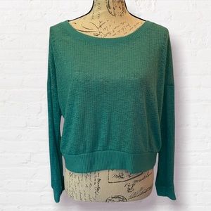 Forever 21 Teal Green Sheer Knit Cropped Sweater Long Sleeve Loose Fit Stretchy